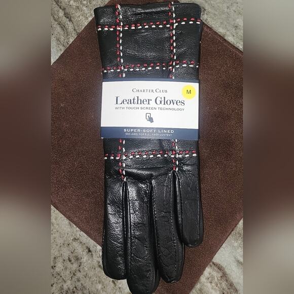 NWT Touchscreen Charter Club Black Lambs Leather Gloves with Stitching Detail - Picture 2 of 12